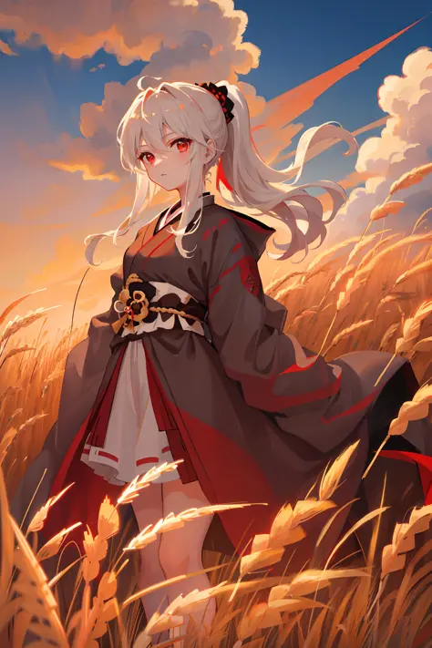 "masterpiece, best quality portrait of 1 girl with white hair in a ponytail and red eyes, dressed as a samurai, set against a wh...