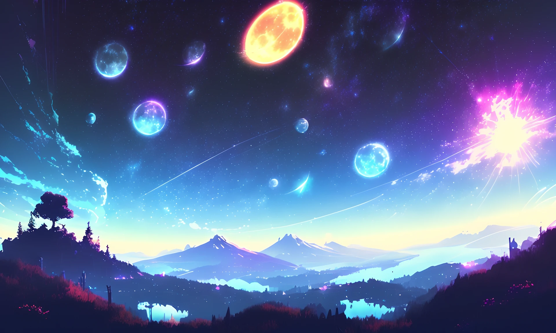 starry sky, moon, high resolution, spectacular, breathtaking, gorgeous, beautiful, (lndskp style) and (lvinkpunk: 1.2)