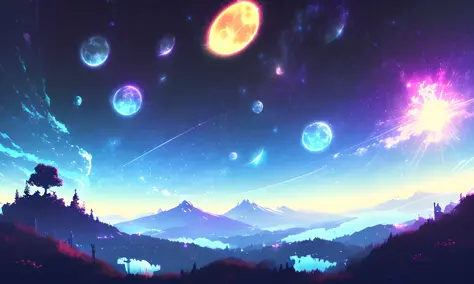 starry sky, moon, high resolution, spectacular, breathtaking, gorgeous, beautiful, (lndskp style) and (lvinkpunk: 1.2)