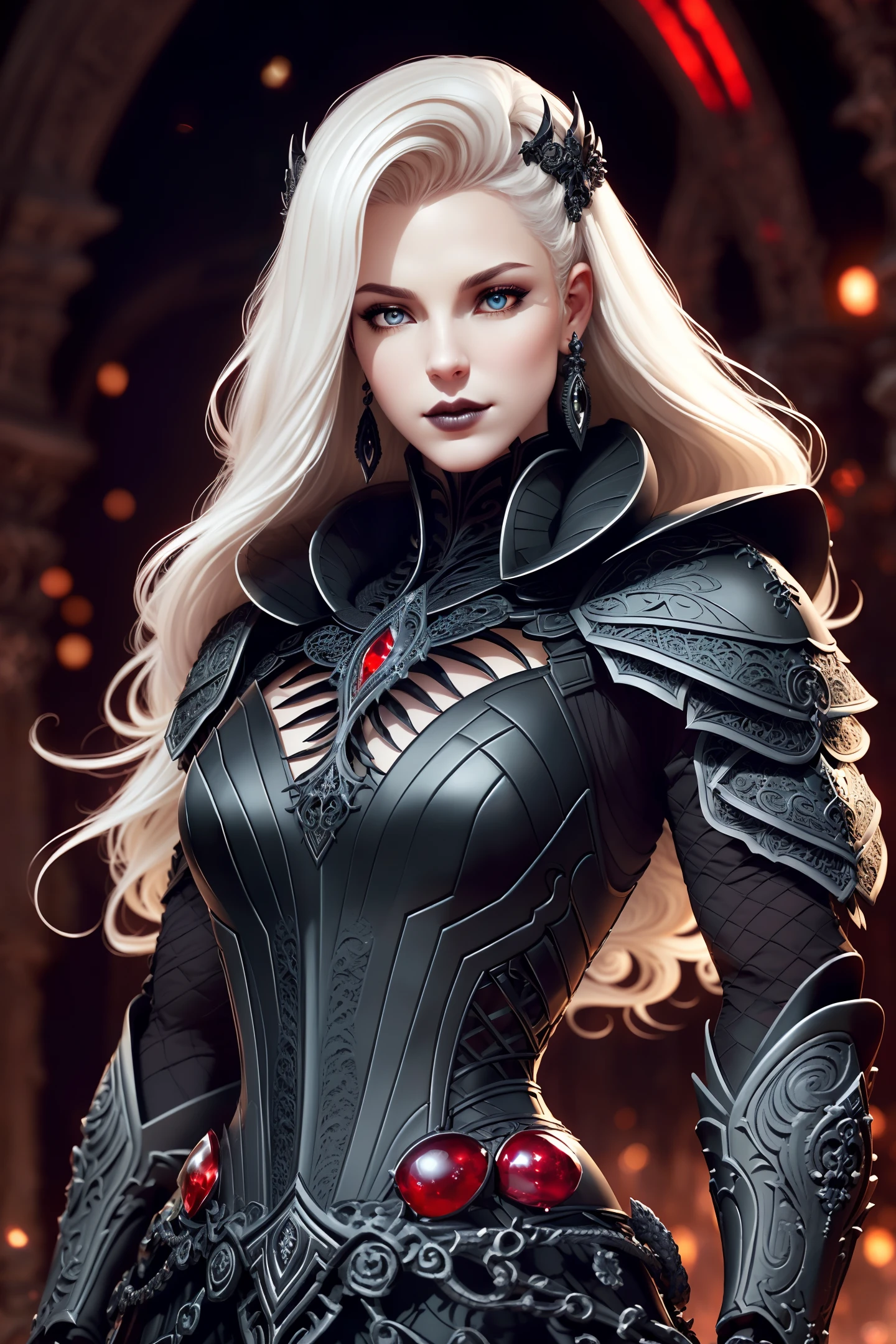 analog style, ((intricate details)), full torso shot, cold lighting, beautiful, ((pale gothic evil princess)), (blonde hair), (intricate), ((skeletal skimpy onyx dress armor)), ((intricate pointed obsidian crown)), ((intense shadows)), ((thick outlines)), dynamic pose, windblown hair, perfect face, (realistic eyes), round iris, (((red eyes))), perfect eyes, intricate, complex, Helios 44-2, swirly bokeh, trending on artstation, sharp focus, studio photo, intricate details, highly detailed, sharp, dnd character portrait, perfect lighting, (((illustration style, Masterpiece, by artgerm and greg rutkowski))), cinematic lighting, 8k