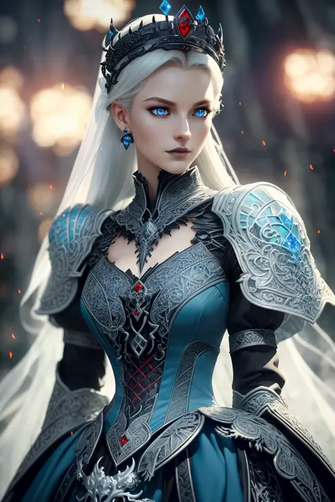 analog style, ((intricate details)), full torso shot, cold lighting, beautiful, ((pale gothic evil princess)), (blonde hair), ((skeletal skimpy onyx dress armor)), ((intricate pointed red obsidian crown)), ((intense shadows)), ((thick outlines)), dynamic p...