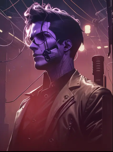 a male cyberpunk noir detective, skulls, wires cybernetic implants, machine noir grimcore, in the style of adrian ghenie esao an...