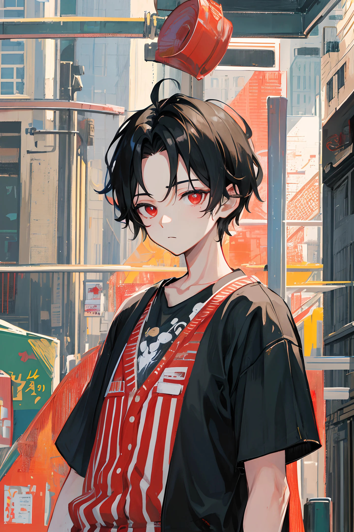 masterpiece, best quality, illustration, mugshot, height chart, 1 boy, handsome boy, black hair, comma hair, forehead comma hair, korean hair, street style, Red eyes, looking at viewer, upper body, prison clothes, striped shirt
 