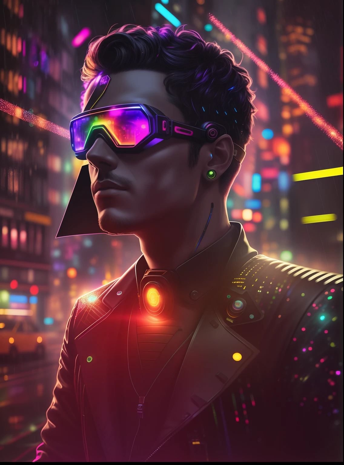 Una fotografía de obra maestra galardonada de un hombre cyborg con colores psicodélicos parado en una calle de la ciudad por la noche bajo la lluvia., usando gafas brillantes de color neón, 8k, (alta calidad:1.1), (Sentimiento cinematográfico:1.1), sombras oscuras y profundas, detalles increíblemente complejos, arte , (de cerca:1.1), desde arriba, mirando al espectador, (destellos de luz:1.1), (aberración cromática,:1.2) background with floating light arteifacts