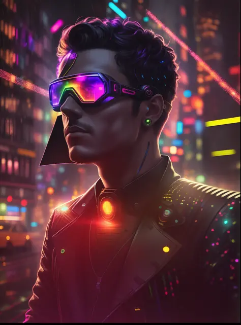 An award winning master piece photo of a cyborg man with psychedelic colors standing in a city street at night in the rain, wear...