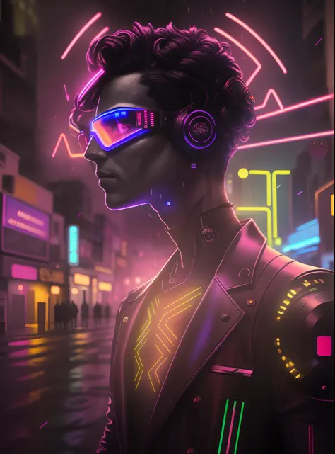 An award winning master piece photo of a cyborg man with psychedelic colors standing in a city street at night in the rain, wear...