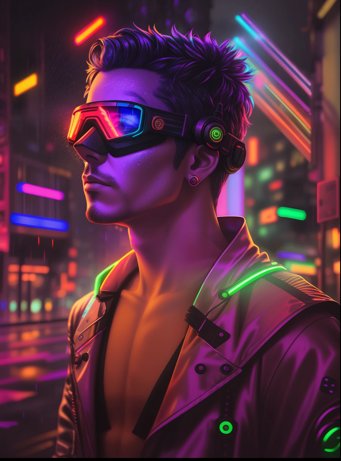 Uma premiada foto de obra-prima de um homem ciborgue com cores psicodélicas parado em uma rua da cidade à noite na chuva, usando óculos brilhantes de cor neon, 8K, (alta qualidade:1.1), (Sensação cinematográfica:1.1), sombras escuras e profundas, detalhes incrivelmente intrincados, arte , (de perto:1.1), de cima, olhando para o espectador, (brilhos de luz:1.1), (Aberração cromática,:1.2) background with floating light arteifacts