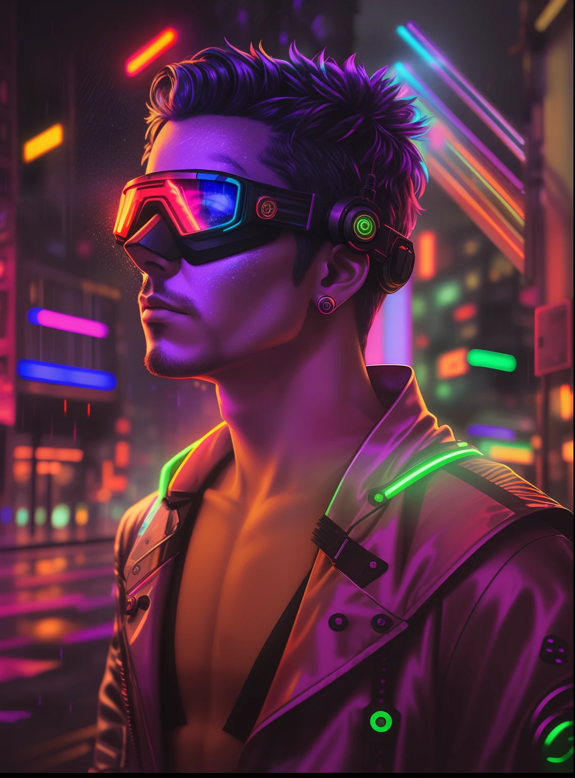 Una fotografía de obra maestra galardonada de un hombre cyborg con colores psicodélicos parado en una calle de la ciudad por la noche bajo la lluvia., usando gafas brillantes de color neón, 8k, (alta calidad:1.1), (Sentimiento cinematográfico:1.1), sombras oscuras y profundas, detalles increíblemente complejos, arte , (de cerca:1.1), desde arriba, mirando al espectador, (destellos de luz:1.1), (aberración cromática,:1.2) background with floating light arteifacts