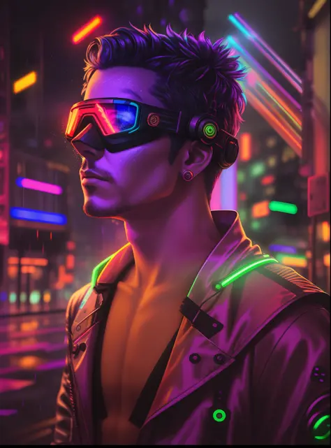 An award winning master piece photo of a cyborg man with psychedelic colors standing in a city street at night in the rain, wearing neon-colored glowing goggles, 8k, (high quality:1.1), (cinematic feeling:1.1), dark deep shadows, incredibly intricate detai...