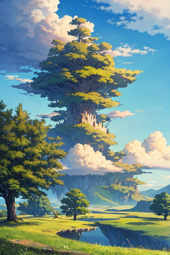 Conceptart, Concept Art, Samia, tree, scenery, cloud, outdoors, sky, day, mountain, grass, nature, mksks style, best quality, perfect