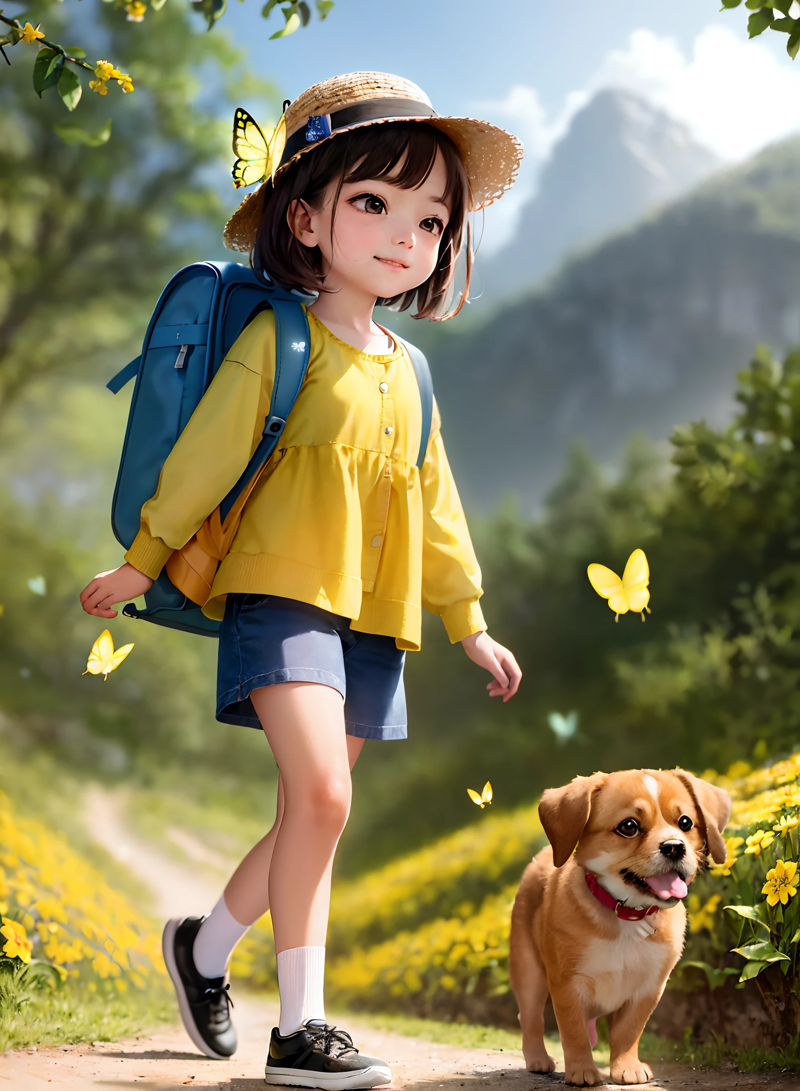 An incredibly adorable little girl with a backpack, accompanied by her adorable puppy, enjoys a wonderful spring walk surrounded by beautiful yellow flowers and natural scenery. High resolution 4k illustration with highly detailed facial features and cartoon style visuals (Butterfly Dance).