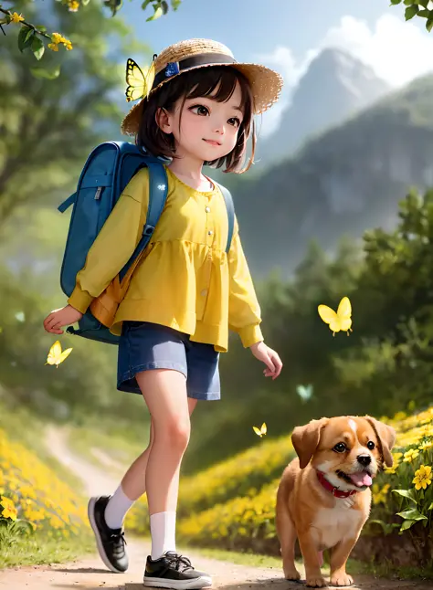 An incredibly adorable little girl with a backpack, accompanied by her adorable puppy, enjoys a wonderful spring walk surrounded...