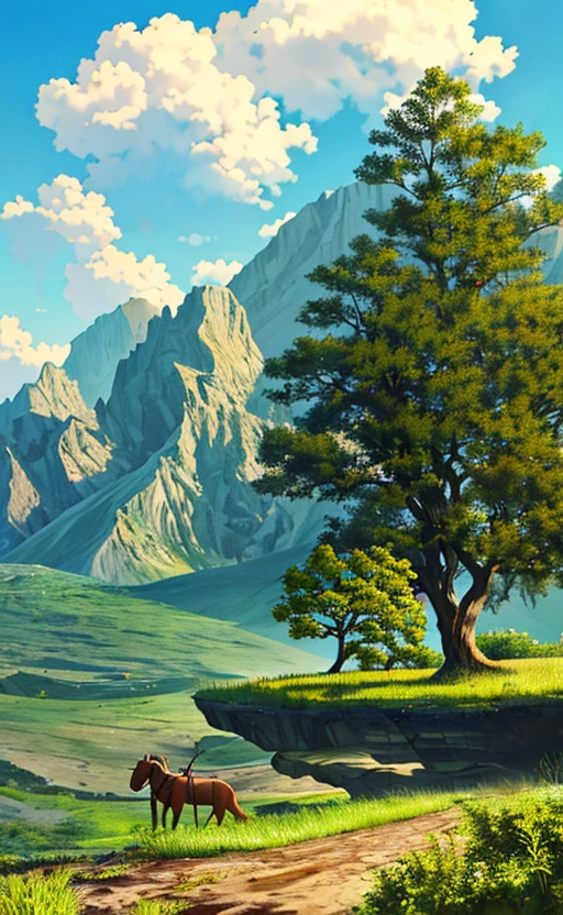 Conceptart,Concept Art,Samia, tree, scenery, cloud, outdoors, sky, day, mountain, grass, nature, mksks style, best quality, perfect