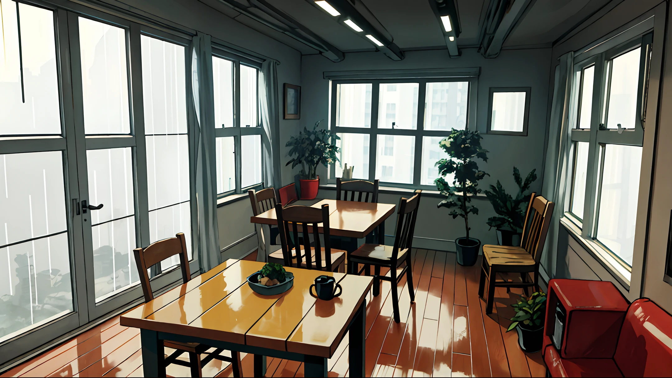 masterpiece, realistic, ultra detailed, absurdres, 50mm, (dynamic lighting:1.4), no humans, in door, city, rain falling outside the window, table, chair, large window, (curtain, foliage plant, drink, food, building, road, river:0.7)