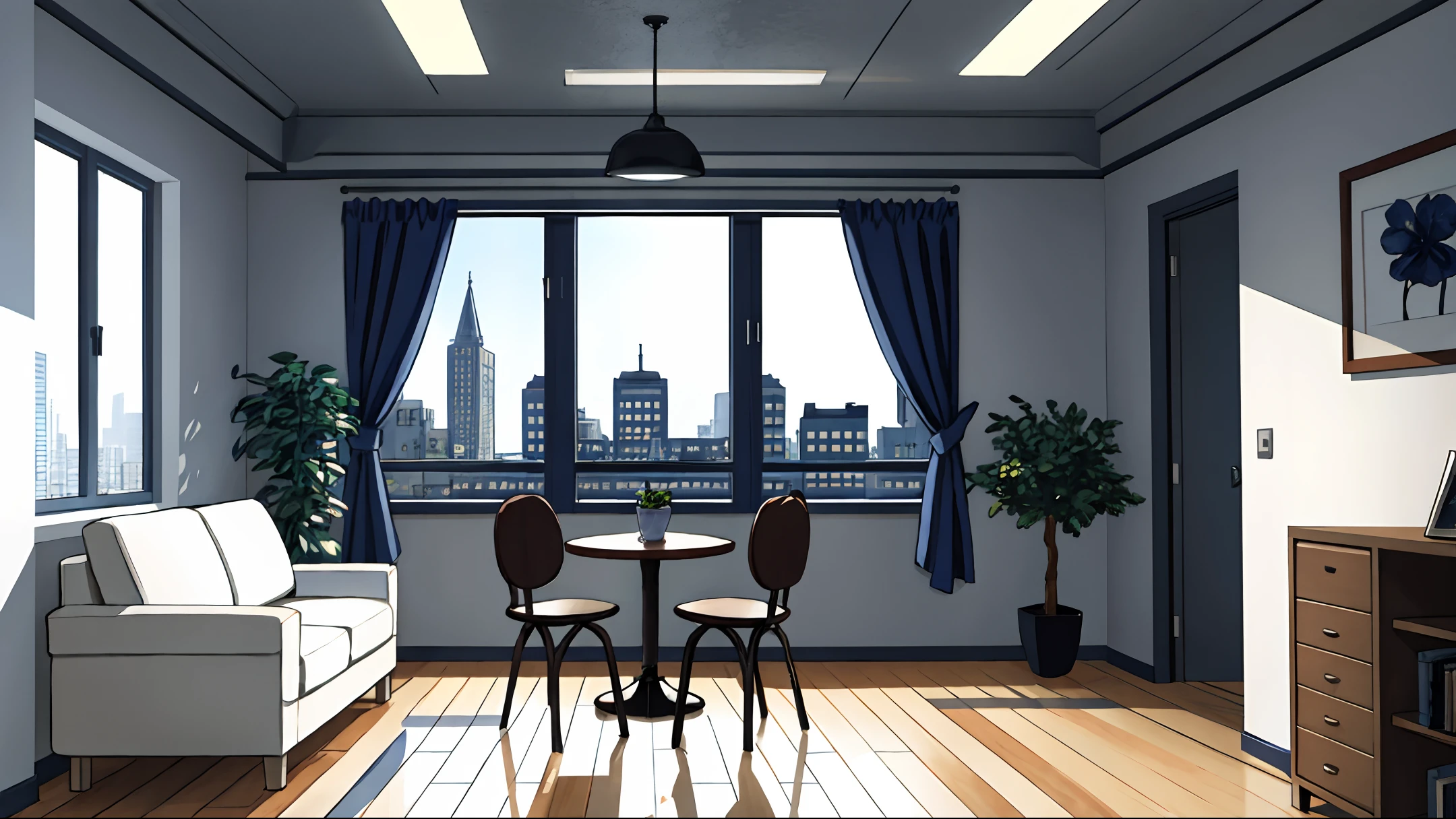 room introduction, masterpiece, realistic, ultra detailed, absurdres, 50mm, (dynamic lighting:1.2), no humans, indoor, city, apartment, large window, table, indirect lighting, (navy blue sofa, chair, curtain, foliage plant, rug, mug, snack, building:0.7)
