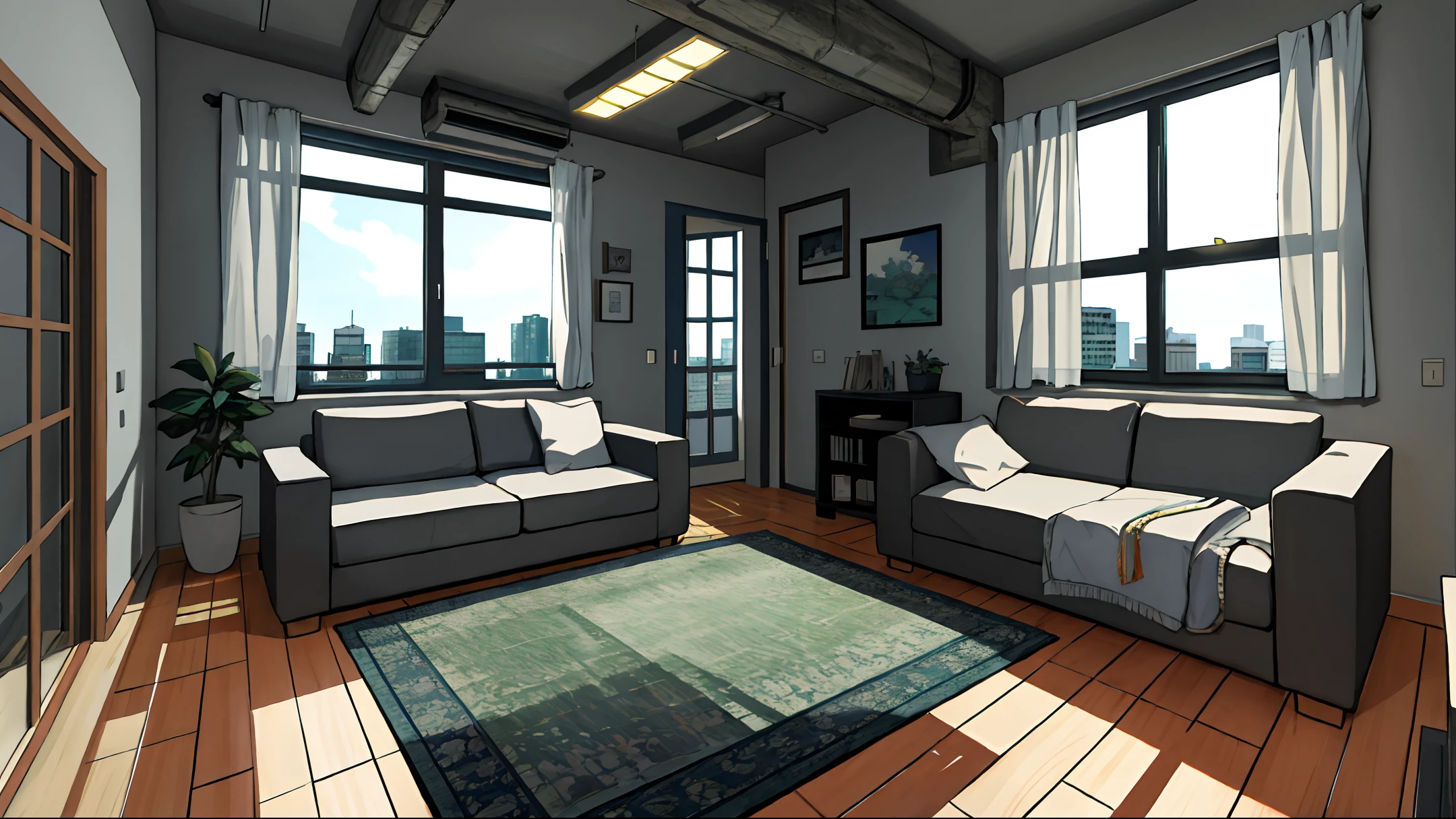room introduction, masterpiece, realistic, ultra detailed, absurdres, 50mm, (dynamic lighting:1.2), no humans, indoor, city, apartment, large window, table, indirect lighting, (dark green sofa, chair, curtain, foliage plant, rug, mug, snack, building:0.7)