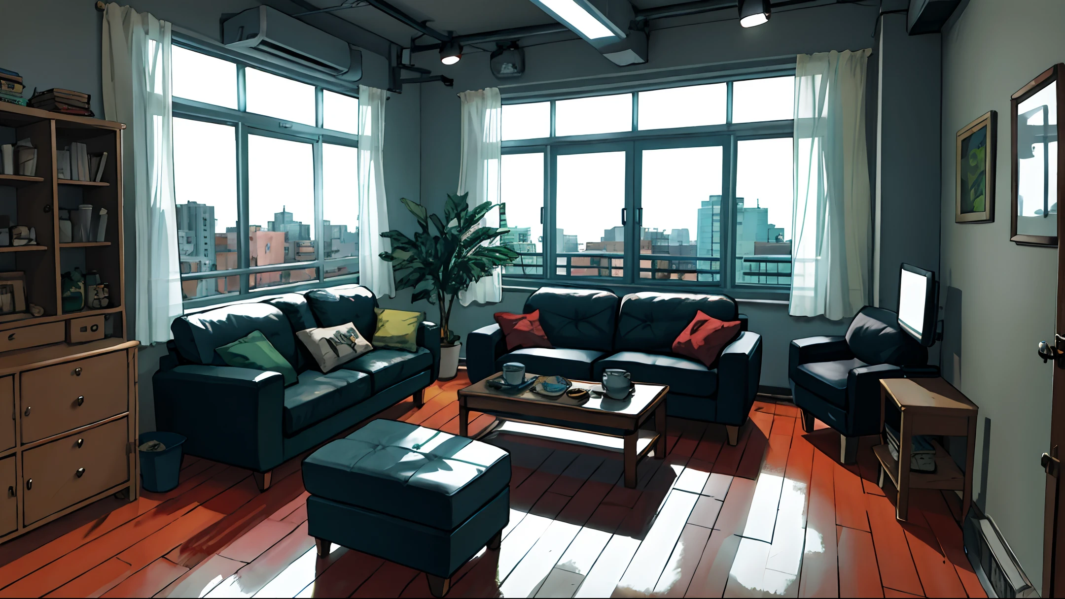 dirty room, masterpiece, realistic, ultra detailed, absurdres, 50mm, (dynamic lighting:1.2), no humans, indoor, city, apartment, large window, table, indirect lighting, (dark green sofa, chair, curtain, foliage plant, rug, mug, snack, building:0.7)