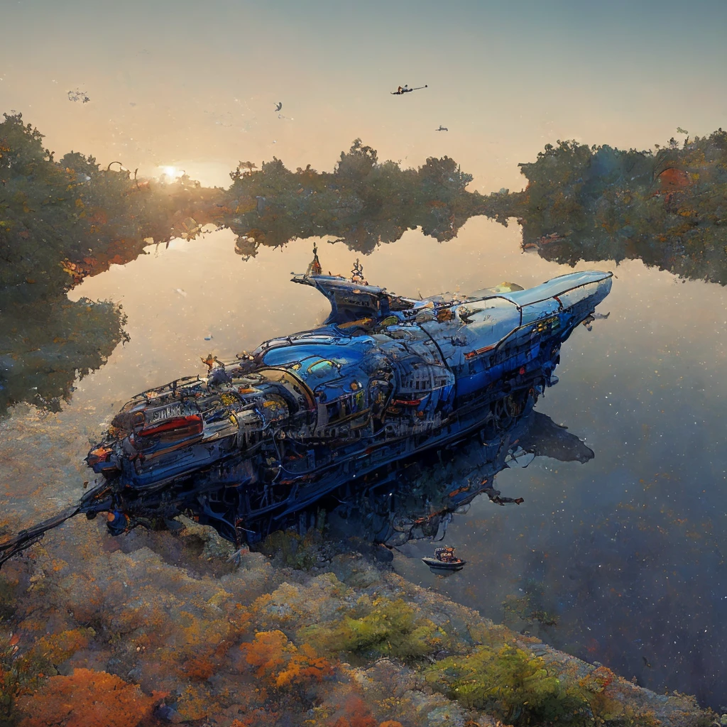 small motor boat with a large motor, moored at the jetty, the rough surface of the pond, sunny surrealistic rainy atmosphere, very detailed render, best quality, official art, (extremely detailed cg unity 8k wallpaper), (extremely fine and beautiful:1.2), (beautiful and clear background), highly detailed, digital painting, artstation, concept art, sharp focus, cinematic lighting