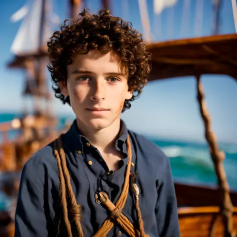 RAW photo, a close  up portrait photo of a 14-year-old young boy, thin, with dark curly hair, dirty sunburned face with a few minor noticeable scars, and bright blue eyes.  stern look on his face, Dressed in a worn and weathered 18th-century sailor's outfi...
