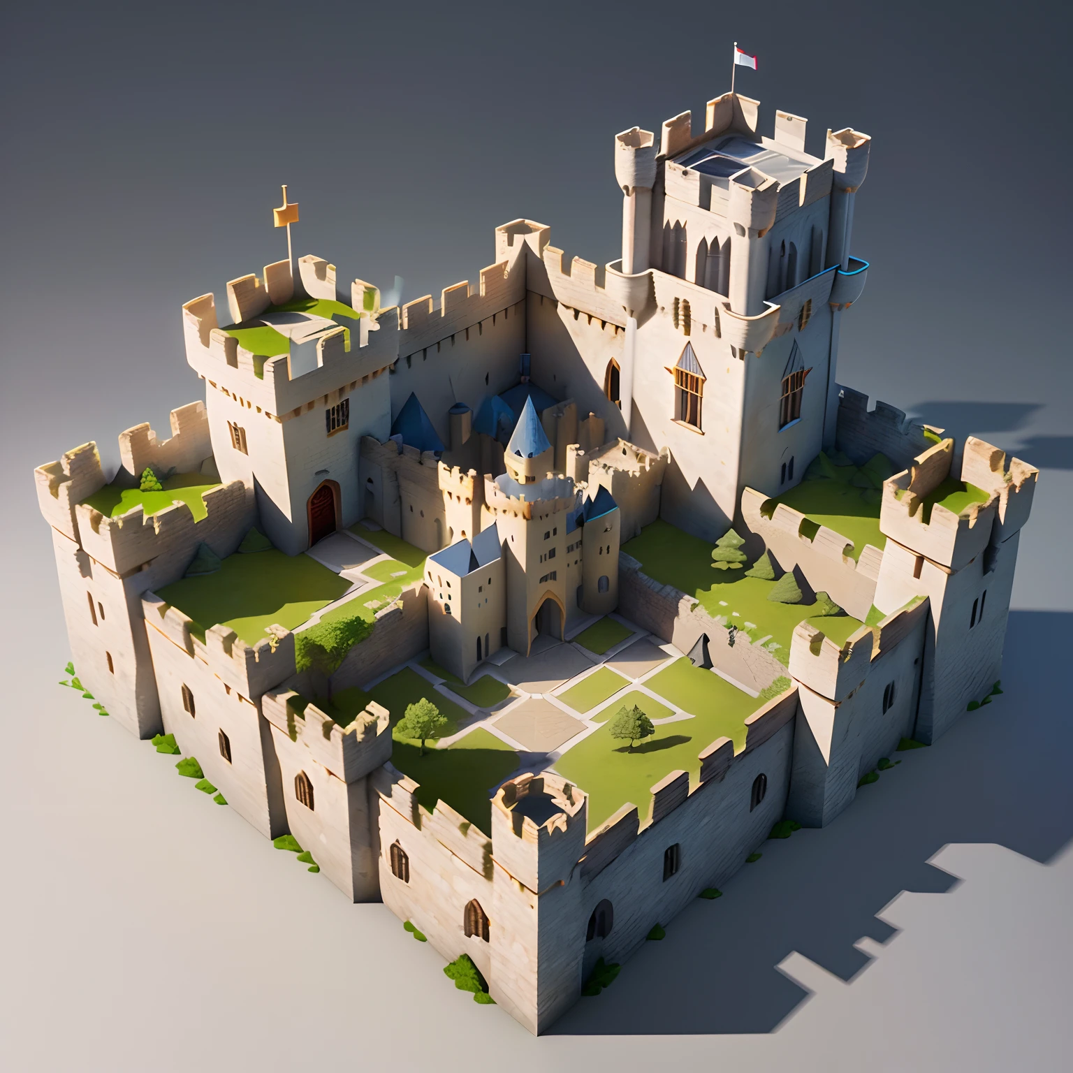 Isometric House,Plain white background, best quality, ((low polygon)),(extremely detailed CG unity 8k wallpaper), (best quality), (best illustration), (best shadow),((Middle Ages castles)),stone walls,watchtowers,decorative arts,frescoes,treasuries,crowns,dragons,octane render,ray tracing,ultra detailed