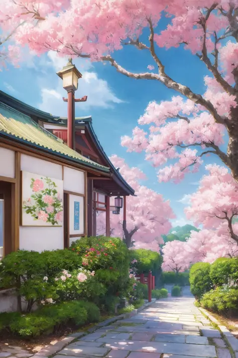 Anime - Paintings in the style of a garden with blooming trees and benches, detailed paintings by Yang J, pixiv, shin hanga, ani...