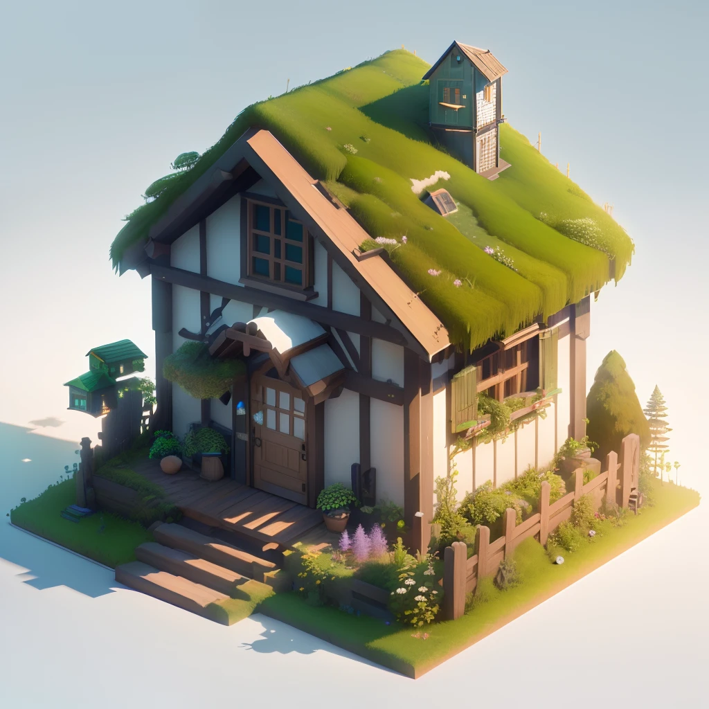 sometric House,Plain white background,(isometric 3D),(masterpiece),  (extremely detailed CG unity 8k wallpaper), (best quality), (best illustration), (best shadow),
a cute ,A round turnip hut covered with moss
,octane render,ray tracing,ultra detailed