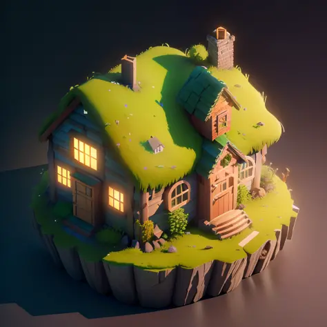 isometric House,(isometric 3D),masterpiece,  (extremely detailed CG unity 8k wallpaper), (best quality), (best illustration), (best shadow),A round turnip hut covered with moss,octane render,ray tracing,ultra detailed
