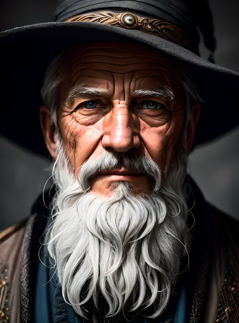 A portrait of a wizard, bearded, wrinkled, weathered, with piercing eyes, detailed face, high details, photography, dark studio, rim light, Nikon D850, 50mm, f/1.4