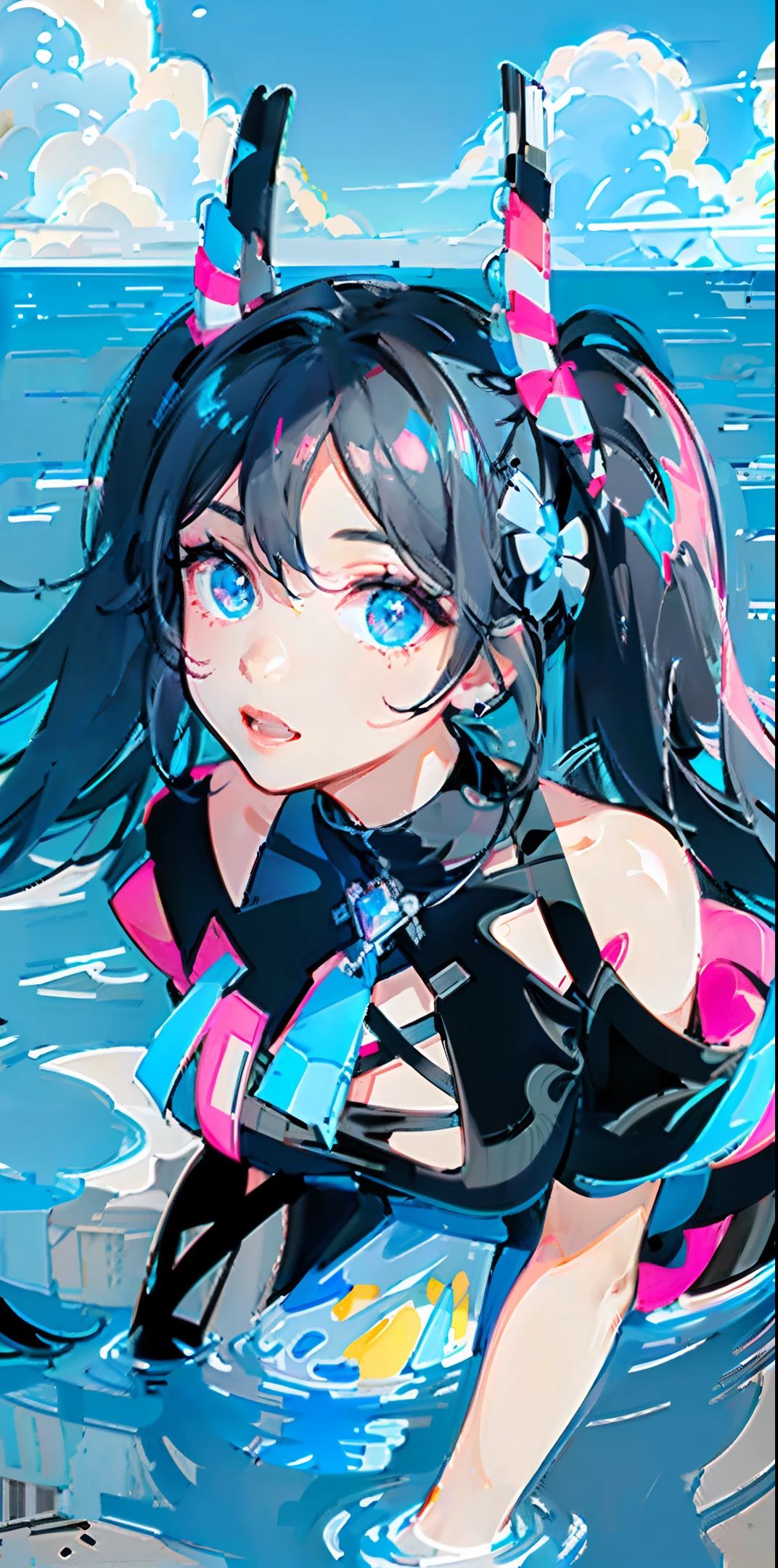 Two-pronged pigtails: black: half black with pink, the other half black (black mixed with sky blue), center of the figure, dynamic composition, water, sea, crystal, jewelry, masterpiece, delicate face, high quality