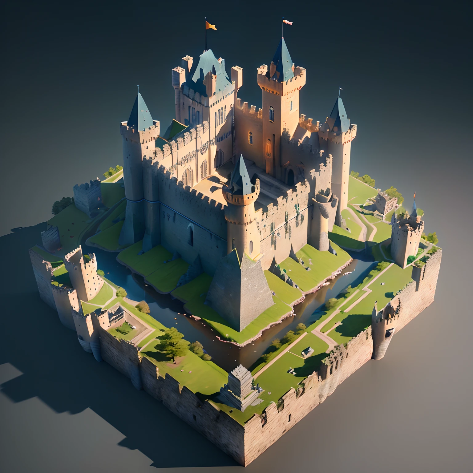 (isometric view),  (extremely detailed CG unity 8k wallpaper), (best quality), (best illustration), (best shadow), ((low polygon))((Middle Ages castles)),stone walls,watchtowers, architectural model,octane render,ray tracing,ultra detailed
