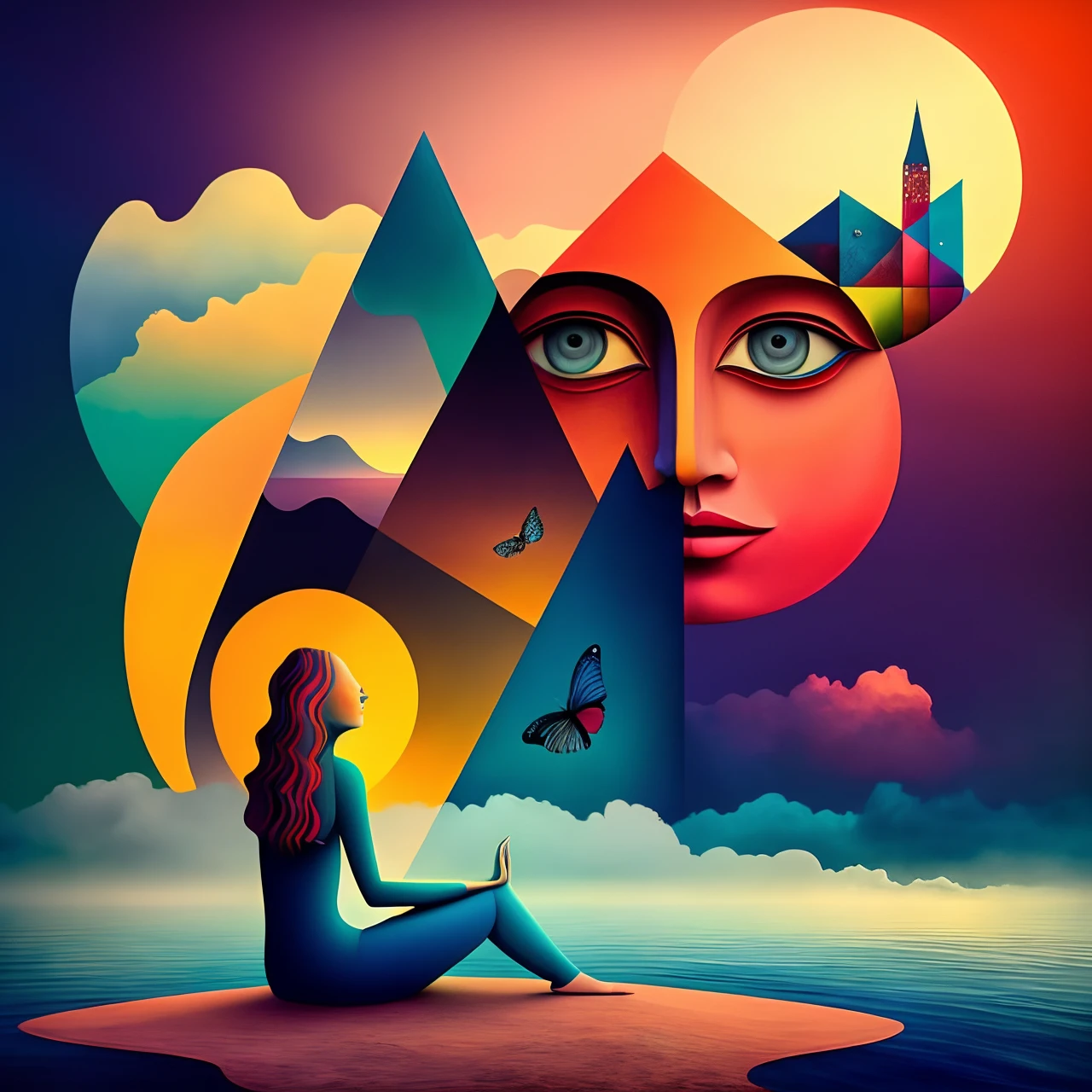 (colorfulsurrealismai)++, girl in meditation