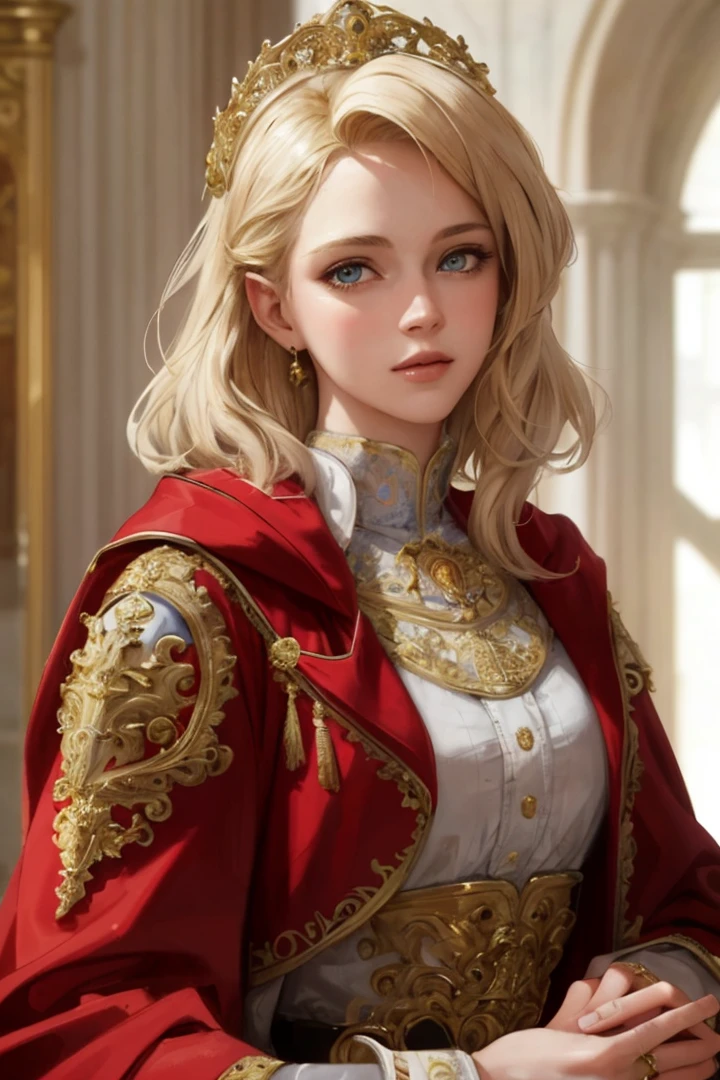 (masterpiece: 1.2, best quality), realistic, (real picture, complex details, depth of field), best quality, masterpiece, high detail, semi-realistic, 1 girl, adult woman, 21 years old, with short golden hair, eyes covered with hair on the left, blue eyes, royal clothes, red cloak, slim figure