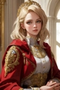 (masterpiece: 1.2, best quality), realistic, (real picture, complex details, depth of field), best quality, masterpiece, high detail, semi-realistic, 1 girl, adult woman, 21 years old, with short golden hair, eyes covered with hair on the left, blue eyes, royal clothes, red cloak, slim figure