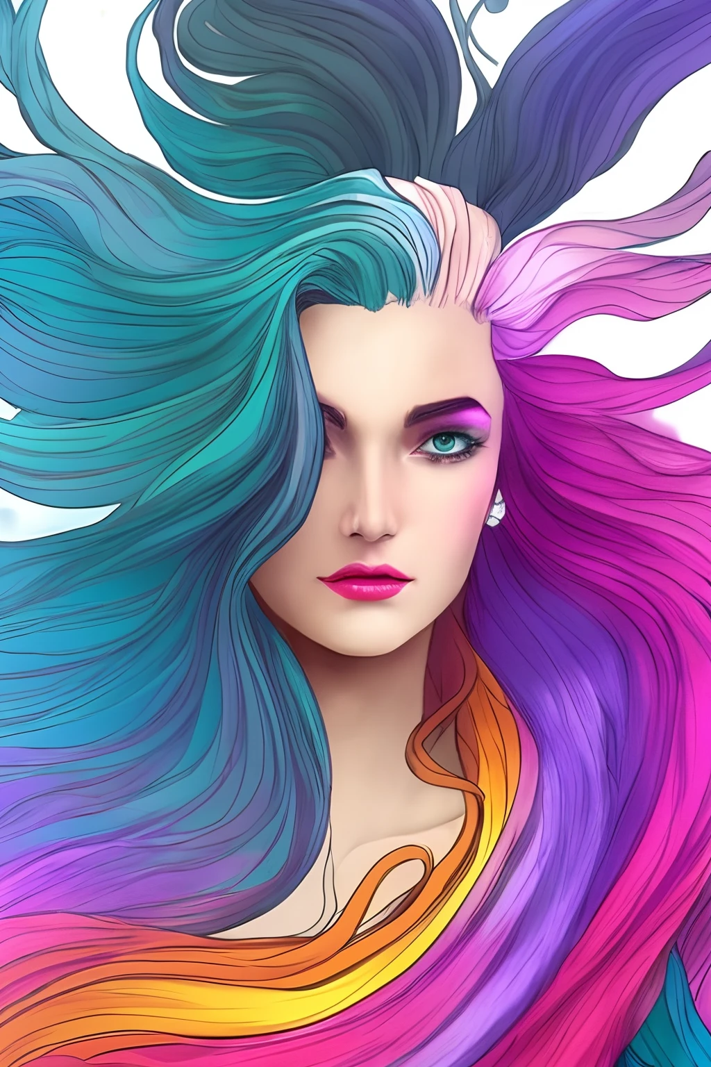 Tarot style, 1girl, male_focus, collarbone, portrait, digital illustration, flowing hair, glowing rainbow hair, night, pastel, looking at camera, looking_at_viewer, ring lighting, edge lighting