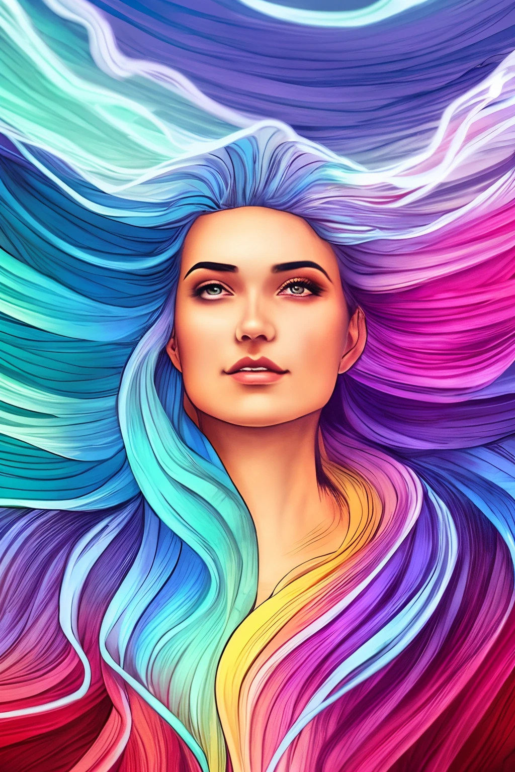 Tarot style, 1girl, male_focus, collarbone, portrait, digital illustration, flowing hair, glowing rainbow hair, night, pastel, looking at camera, looking_at_viewer, ring lighting, edge lighting