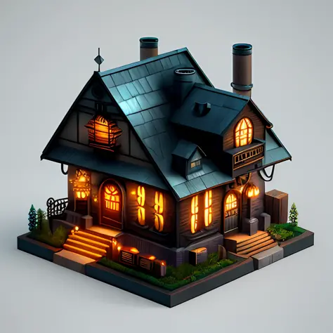 isometric house, steampunk, retro, mechanized, victorian, copper, dark, coal, industrial, romantic, futuristic，octane render,ray tracing,ultra detailed