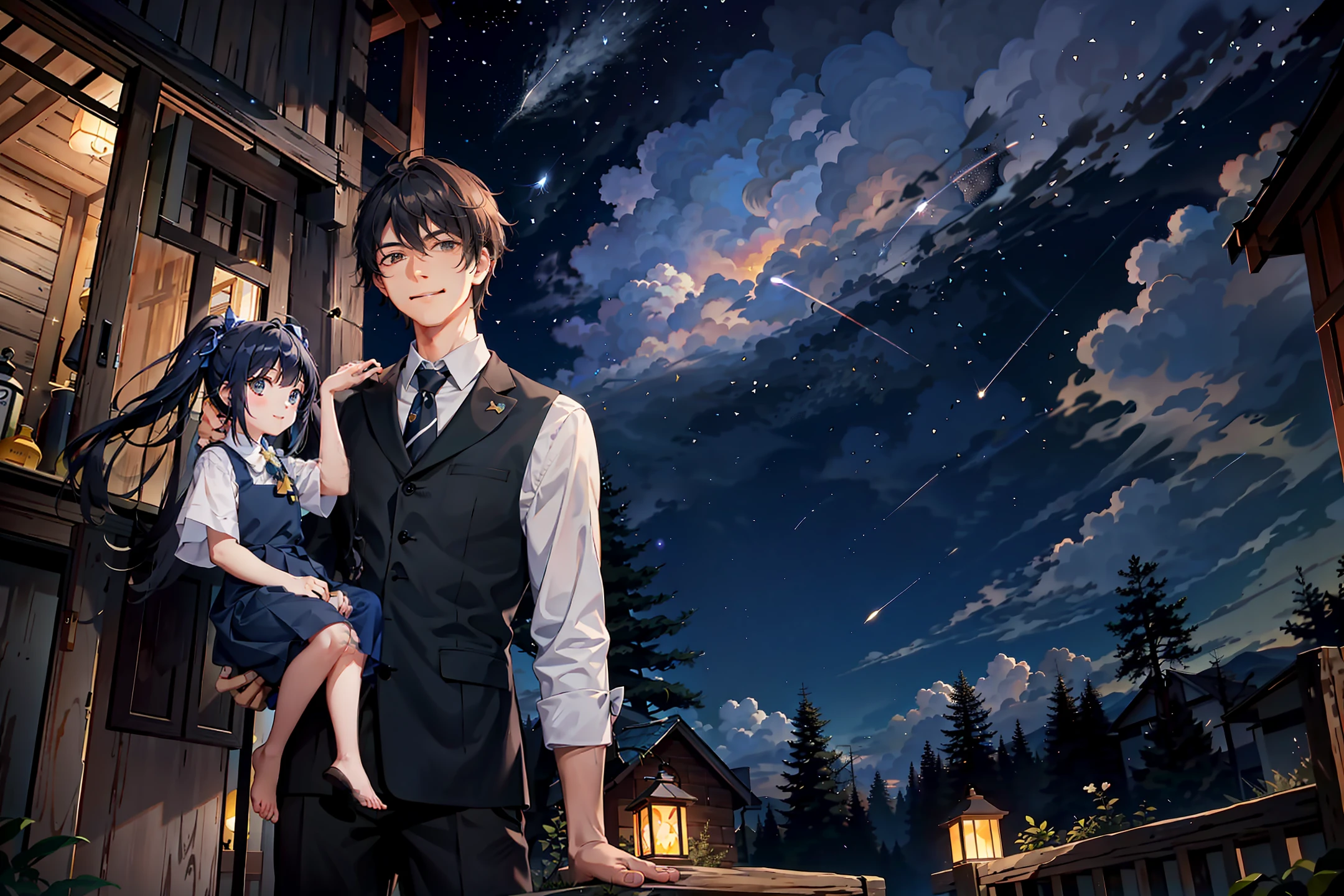 Anime characters standing in front of a house at night - SeaArt AI