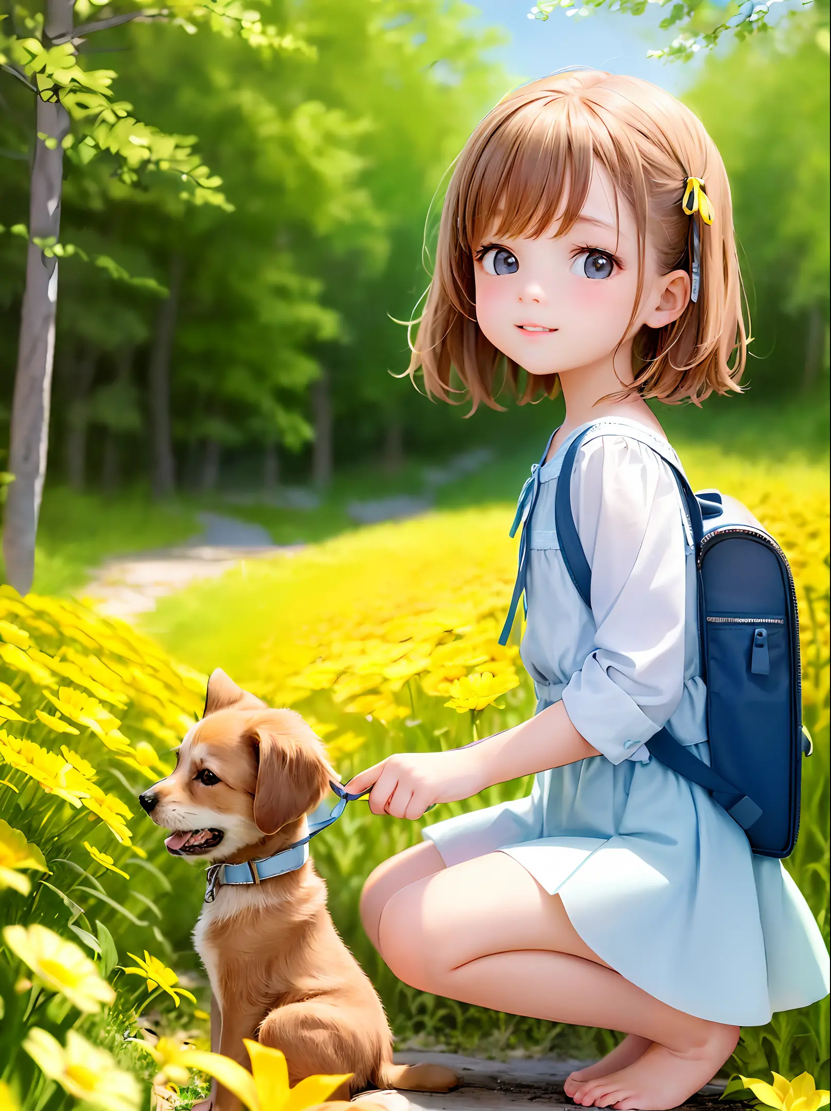 A very charming little girl with a backpack and her cute puppy enjoying a lovely spring outing surrounded by beautiful yellow fl...