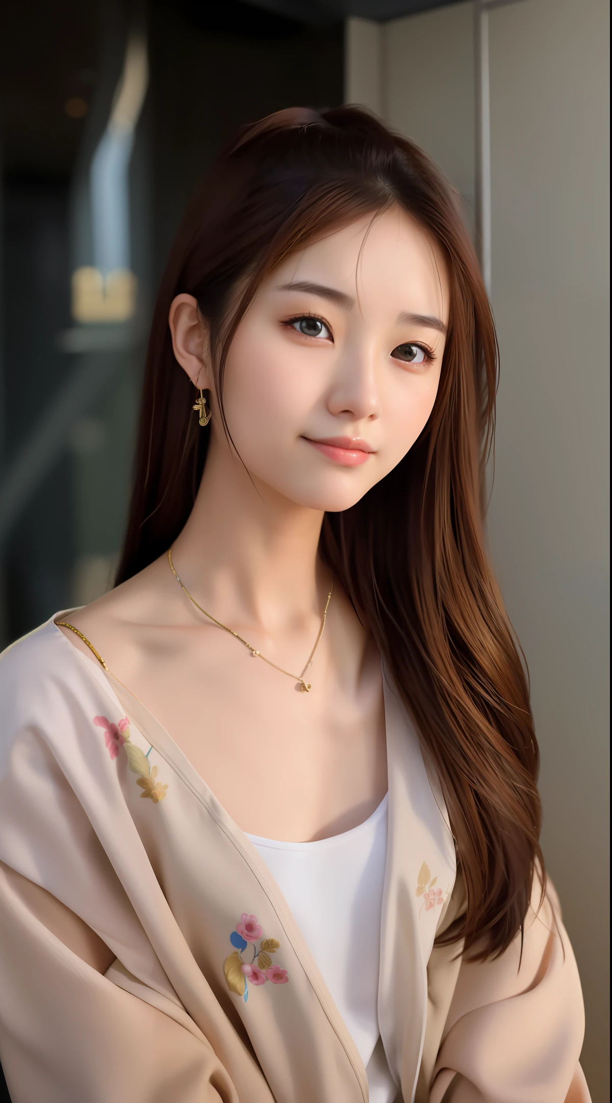 (best quality), (masterpiece), (1girl), solo, Chinese girl, 20yo, 8k protrait photo, 3/4 shot, depth of field, black suit, (office), brown hair, super detailed, good anatomy ,Beautiful and detailed eyes, photography, bokeh, small breasts