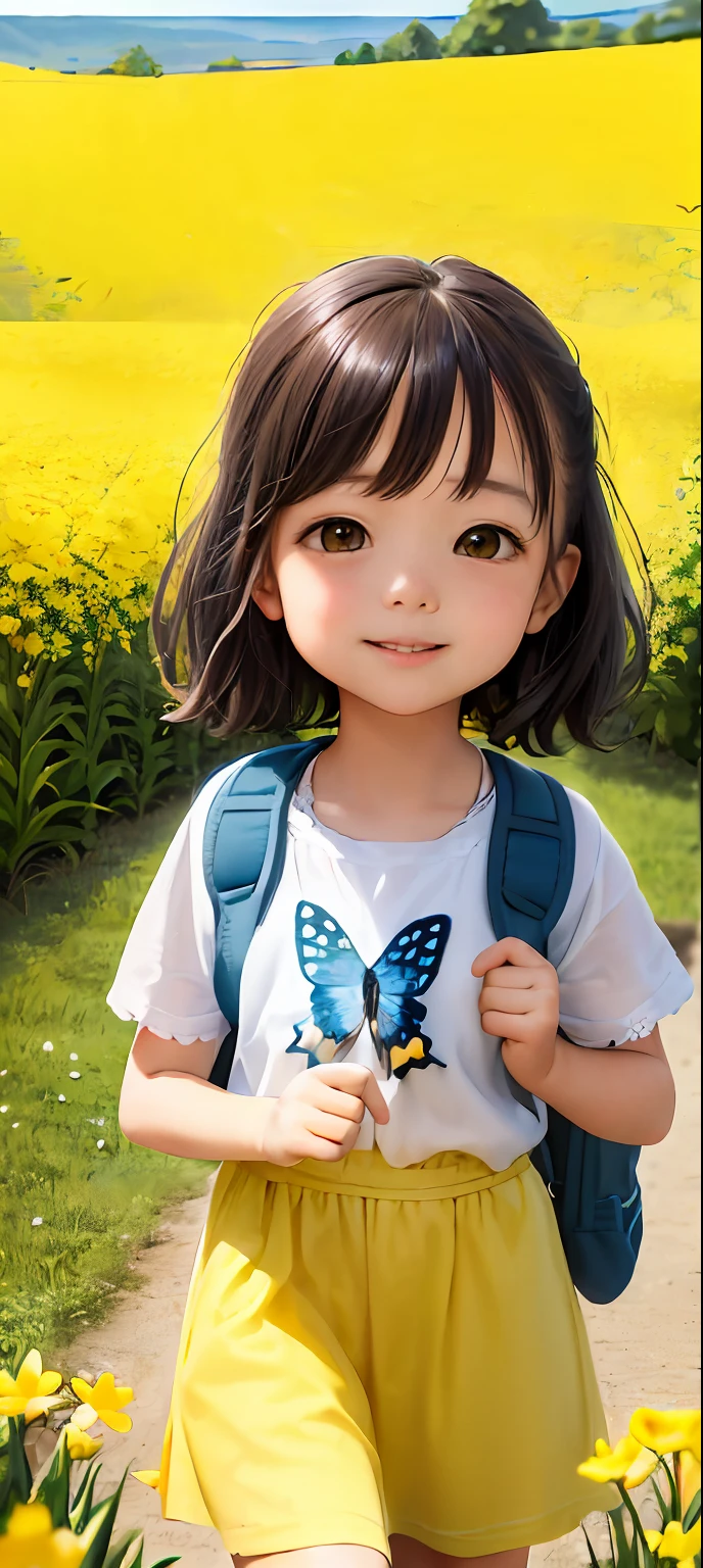 An incredibly charming  carrying a backpack, accompanied by her adorable puppy, enjoying a lovely spring outing surrounded by beautiful yellow flowers and natural scenery. The illustration is in high definition at 4k resolution, with highly-detailed facial features and cartoon-style visuals, (Butterfly Dance)