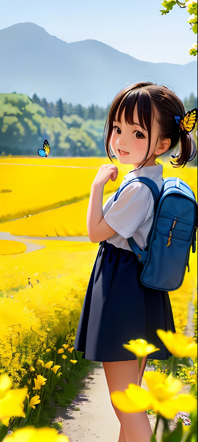 An incredibly charming little girl carrying a backpack, accompanied by her adorable puppy, enjoying a lovely spring outing surrounded by beautiful yellow flowers and natural scenery. The illustration is in high definition at 4k resolution, with highly-detailed facial features and cartoon-style visuals, (Butterfly Dance)