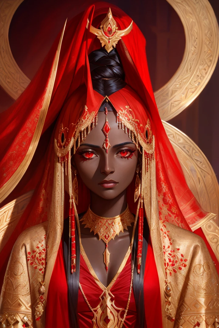 A portrait of a very beautiful Numidian princess in red and gold robes, dark skin, detailed face, detailed clothing, portrait, concept art, ultra-realistic illustration, hyperrealistic, fantasy, sharp focus, dramatic, expansive, artstation, by Howard Lyon, intricate, elegant, highly detailed, cinematic lightning, dark, Arabian nights, muted natural colours:1.3