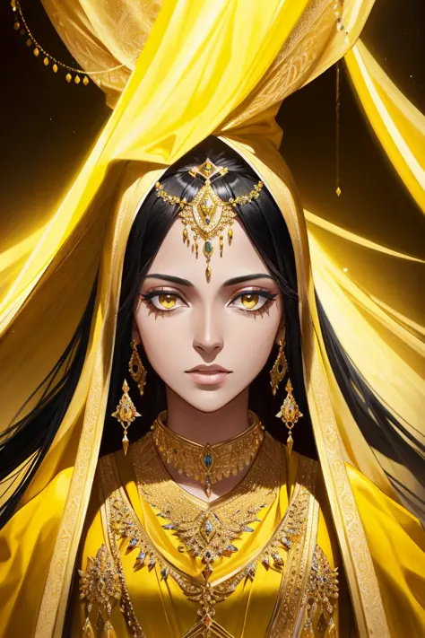 A portrait of Persian princess in yellow and gold robes, Scheherazade, dark skin, detailed face, detailed clothing, portrait, co...