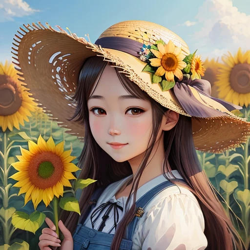 Anime-Mädchen mit Sonnenblume und Strohhut im Feld, Anime-Manga von Yang J, pixiv, Fantasy-Kunst, schönes Anime-Mädchen mit Sonnenblume, Einen Strohhut tragen, guweiz style artwork, Kawaii realistisches Porträt, Superhohe Auflösung, süßes Lächeln, realistische süße Mädchenzeichnung, Schönes Anime-Porträt, süßer Kunststil, schöne Charakterzeichnung, detailliertes Porträt eines Anime-Mädchens, süßes Anime-Mädchenporträt