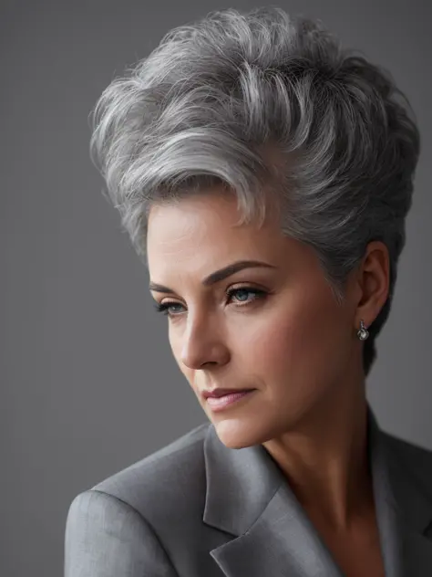 photograph of a gray-haired woman in an elegant business suit, wide frame photography, photoshoot style, exquisite, detailed, dr...