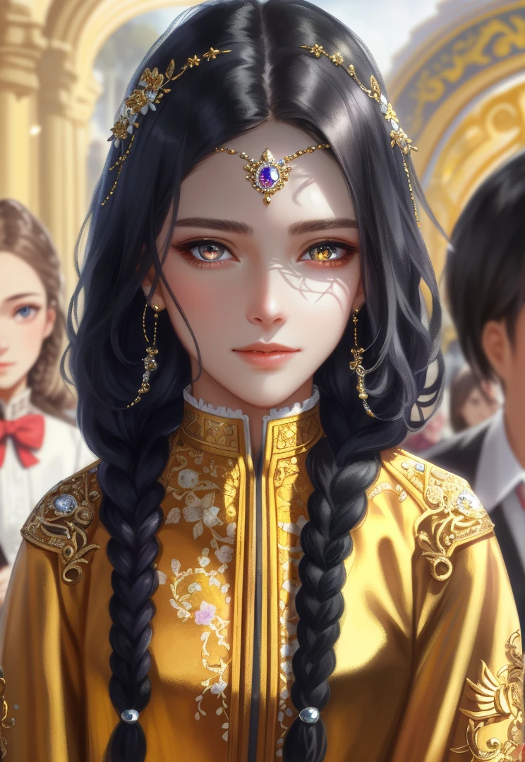 (masterpiece, sidelighting, finely detailed beautiful eye: 1.2), realistic, lusmus skin, shiny skin, facial light, shiny face, (1 teens girl), facial light, shiny face, shiny skin, half body, looking Viewer, wlop, beautiful girl, crystals, braids, cute face, golden eyes, fancy dress, princess, open lips, white and purple style