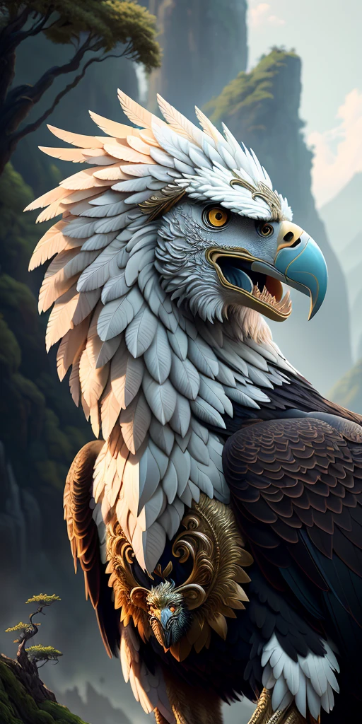 masterpiece, best quality, lion eagle ((eagle head)), huge crooked beak, lion body, lion mane, four paws, wings on back, scary beautiful, ((beautifully detailed griffin)) (extremely detailed CG Unity 8k wallpaper), professional majestic oil painting by Ed Blinky, Athea Gailan, Studio Ghibli, Jeremy Mann, Greg Mancheza, Antonio Moro, popular on ArtStation, popular on CGSociety, Intricate, High Detail, Sharp focus, dramatic, photorealistic painting by Midjourney and Greg Rutkowsk