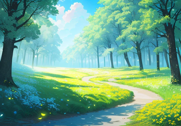 Masterpiece, best quality, (very detailed CG unity 8k wallpapers), (best quality), (best illustrations), in the forest, blue sky, cumulus, wind, There are many scattered luminous petals, Many scattered leaves, branch, landscape, many flying birds, beautiful sky, cinematic angle, light yellow flower theme, green leaves, hidden in the light yellow flowers