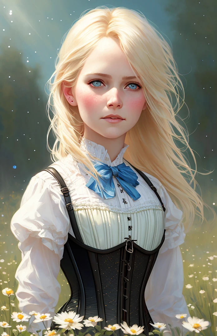 closeup portrait of a cute blonde Elsa in a bright windy field, (backlighting), realistic, masterpiece, highest quality, ((corset)), ((embarrassed)),  puddle, lens flare, shade, bloom, ((light sparkles)), [chromatic aberration], by Jeremy Lipking, by Antonio J. Manzanedo, by (Alphonse Mucha), digital painting