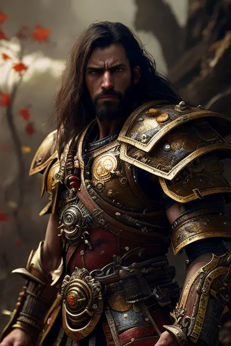A (full body:1.3) shot at 8k resolution, splash art, fantastic comic book style, photorealistic, intense look, anatomical photorealistic digital painting portrait of a (old male:1.3) human (warrior:1.3) in black and gold intricate (heavy armor:1.3) with re...